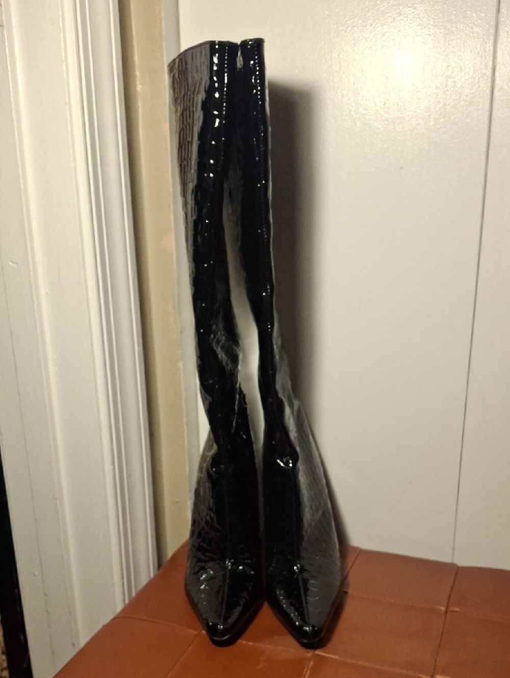 Forever 21 Black Patent Croc-Embossed Knee Boots - Women's Heeled Fashion Boots - Picture 2 of 5